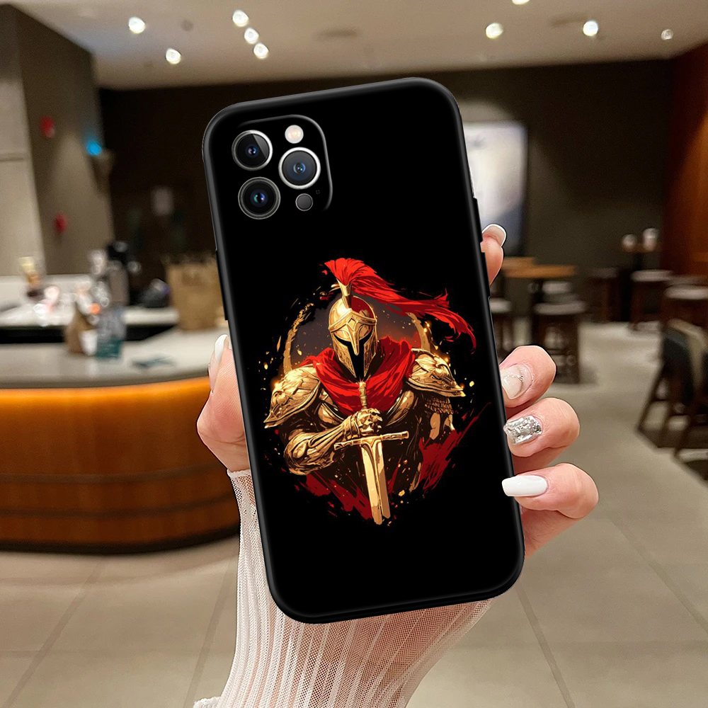 Coque de téléphone avec guerrier spartiate doré et cape rouge